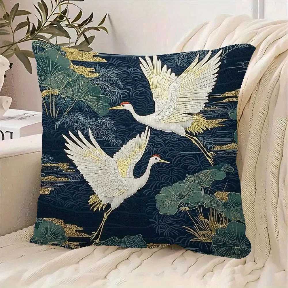 pillowcase 1pc Navy blue and gold crane patterned case with zip closure suitable for beds and sofas insert not included C260314-image-1097935967