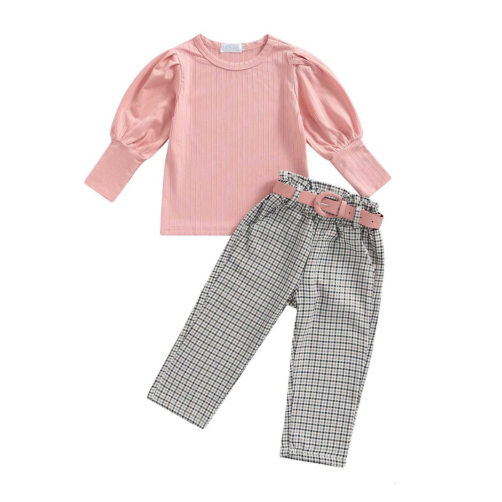Toddler Kids Baby Girls 3 Pieces Outfits Solid Color Ribbed Round Neck Long Sleeve Tops Plaid Long Pants Belt Set 1-6TT260316-image-1097849152