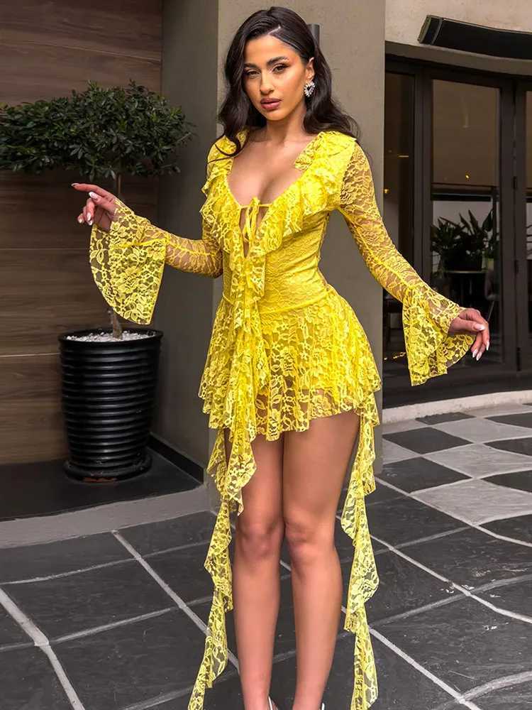 Womens Sexy Lace Bodycon Mini Dress Ruffle Hem V-Neck Long Slve Short Dress Party Strtwear Outfits Y2k Clothes Skirt Shorts L260526-image-1097894477