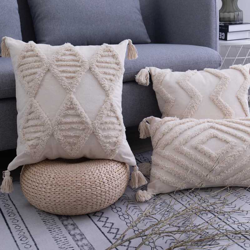 pillowcase Bohemia Tassels Cushion Cover 45x45cm/30x50cm Beige Cover Handmade Square boho living Room Bed Room Home Decoration C260314-image-1097934578