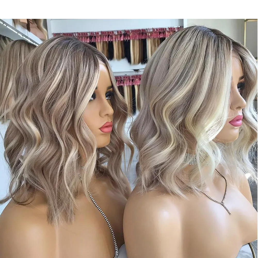 Pre-plucked Brazilian Remy Ombre Platinum Blonde Short Straight Wavy Bob Wig with Translucent Lace Base 49$