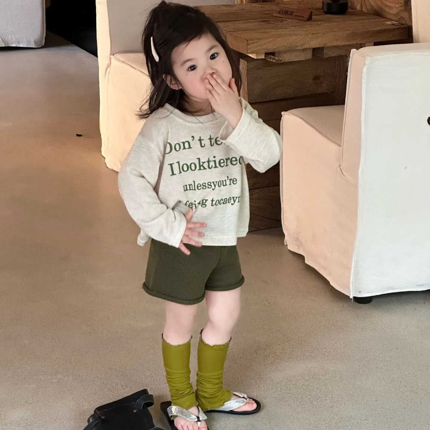 Spring Summer Kid Baby Girl 2PCS Clothes Set Cotton Letter Print Children Girl Long Sleeves Suit Loose Green Toddler Girl ShortsT260316-image-1097848960