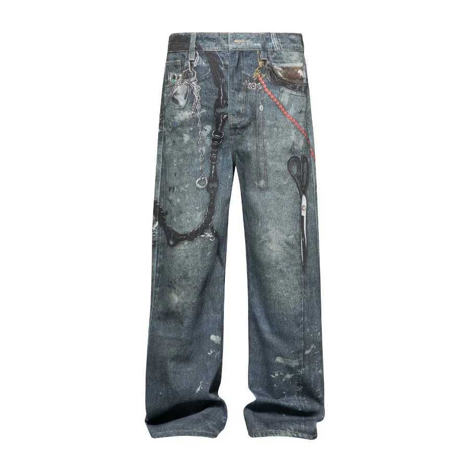 2024 New Mens 3D Chain Printed Baggy Jeans Autumn Casual Baggy Straight Denim Pants Women High Street Blue Wide-leg Y2K JeanT260316 S26082624CD