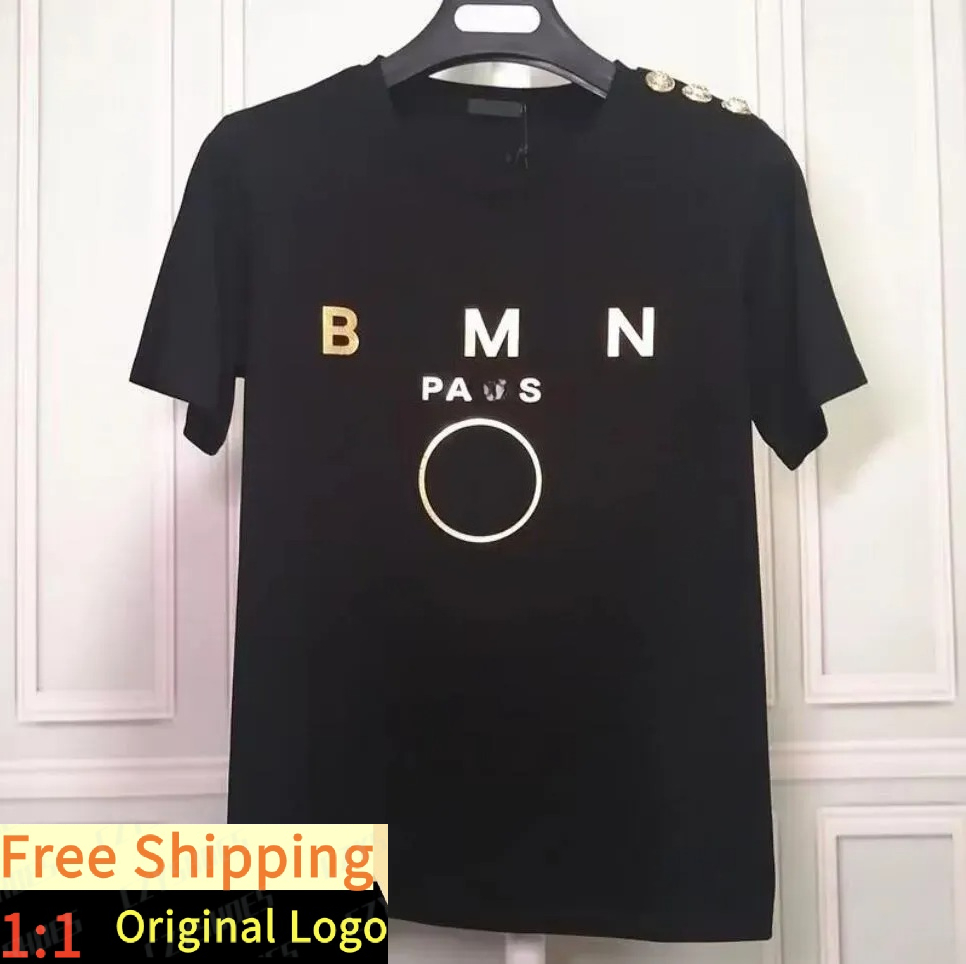 Bamian Summer Designer Women's T-shirt High-end Fashion Street Harajuku Hot Gold Button Crewneck Pure Cotton Tshirts Tops Mens Clothing leicl00