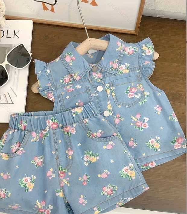 2025 Summer New Foreign-style Thin Section Fly Sleeve Floral Print Short-sleeved Shorts Set Baby Girl Summer Two-piece SuitT260316