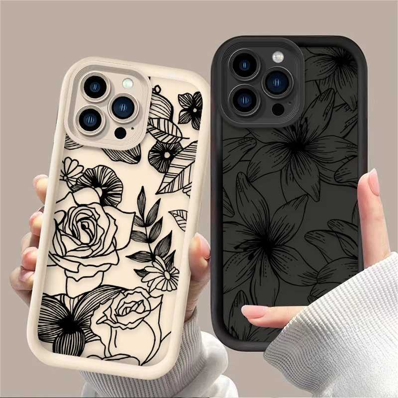 Retro Black Flower Phone Case For iPhone 17 Air 16 16E 15 14 13 12 11 Pro Max X XS X S Max XR SE 2020 SE4 7 8 Silicone Cover H260317-image-1097934559