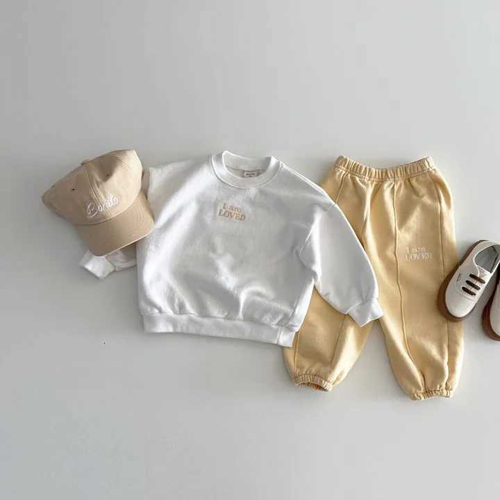 2PCS Solid Color Baby Childrens Embroidered Hoodie Set of Two Long Sleeve Simple Polyester Cotton CasualT260316-image-1097845895