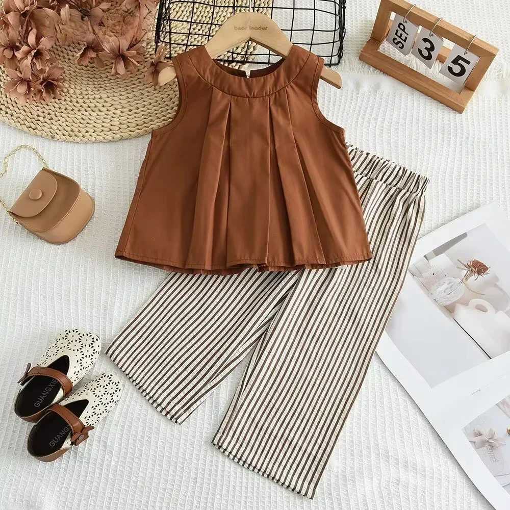Fashion Casual Korean Version Suit Summer New Sleeveless Pleated Veststriped Wide Leg Pants Two-piece Set for Girls Aged 3-7T260316-image-1097850240