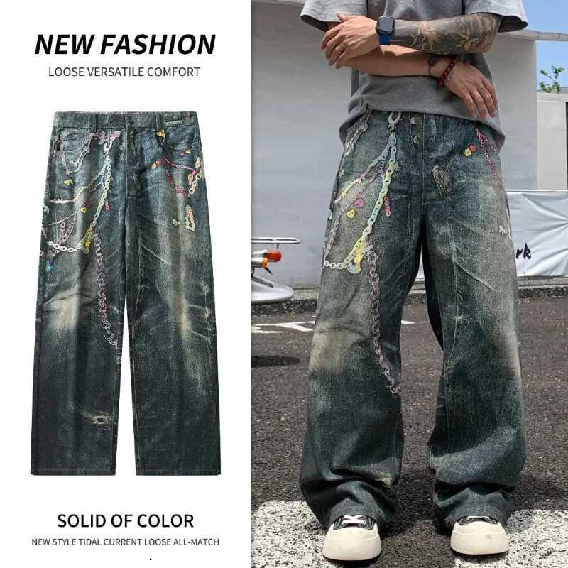 Jean Baggy avec chaîne de bonbons pour hommes, imprimé numérique américain, vêtements pour hommes, pantalon en Denim droit et élégant, High Stree