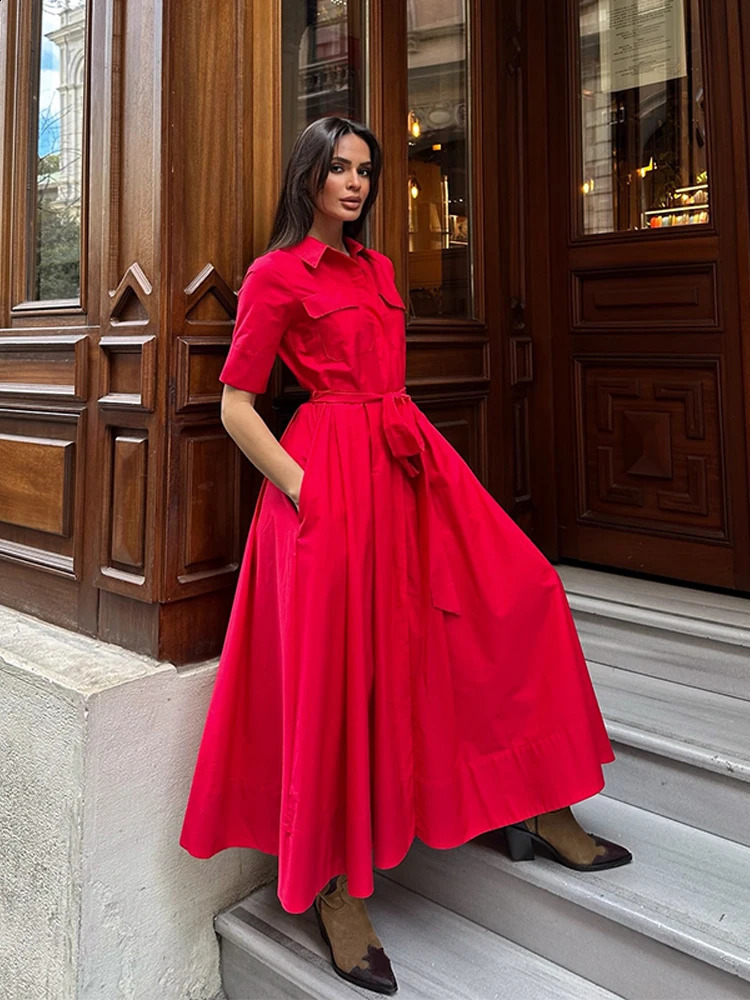 Fashion Pleated Waistband Long Dress Women Lapel Short Sleeve A-line Maxi Shirt Dresses Summer Lady Casual Street Outfit 260312
