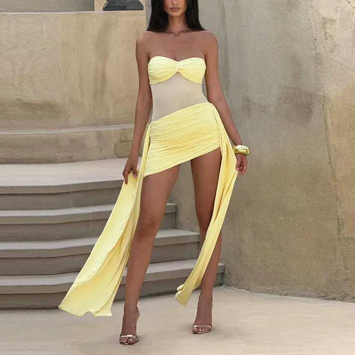 Femmes mince bustier tubulaire robes de soirée Sexy S à travers maille Patchwork plis ruban paquet hanche irrégulière robe courte mode tendance L
