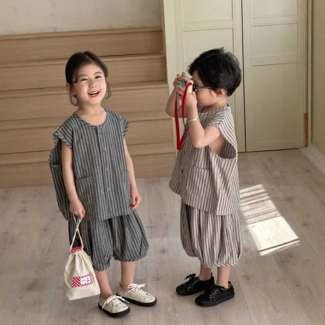 Summer Children Outfits Muslin Line Striped Single Breasted Kid Boys T-shirts Suit Loose Soft Half Pant 2Pcs Set Sibling AttiresT260316-image-1097848760