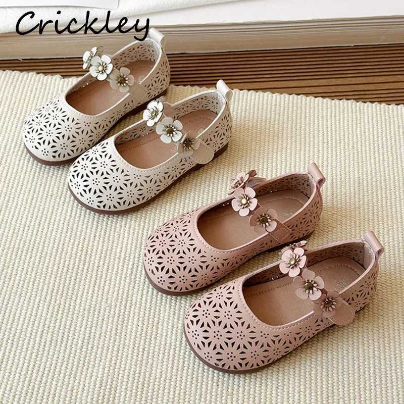 Flowers Hollow Out Girls Flats Shoes Spring Summer Solid PU Children Princess Shoes Hook Loop Non Slip Kids Fashion ShoesT260314