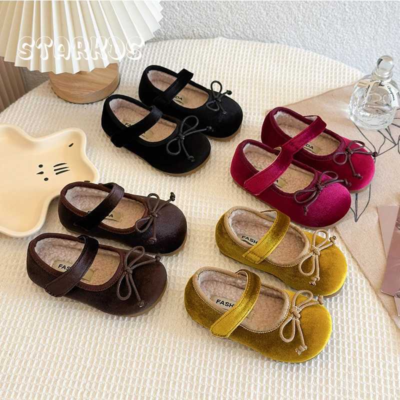 Fourrure chaude en peluche à l'intérieur des ballerines en velours avec nœud papillon filles rétro rouge or velours Mary Jane chaussures bébé enf