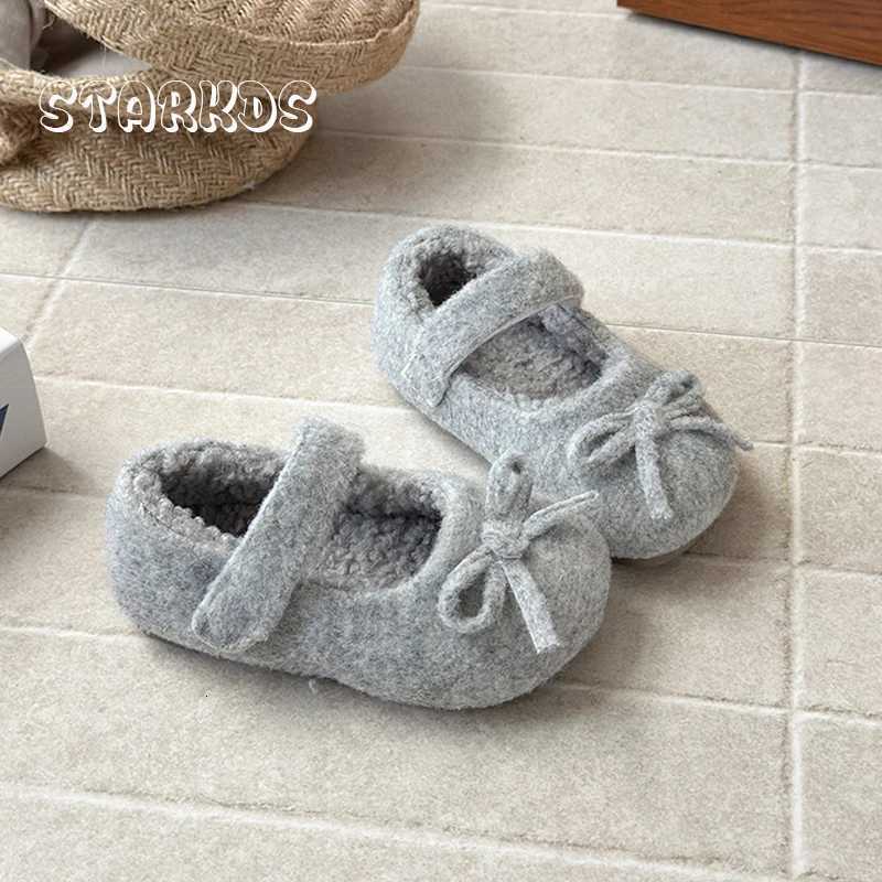 Warm Lambswool Ballet Shoes Kid Girl Round Toe Bowknot Design Wool Fleece Felt Mary Janes Baby Child Winter Thick Fur Flat ShoesT260314