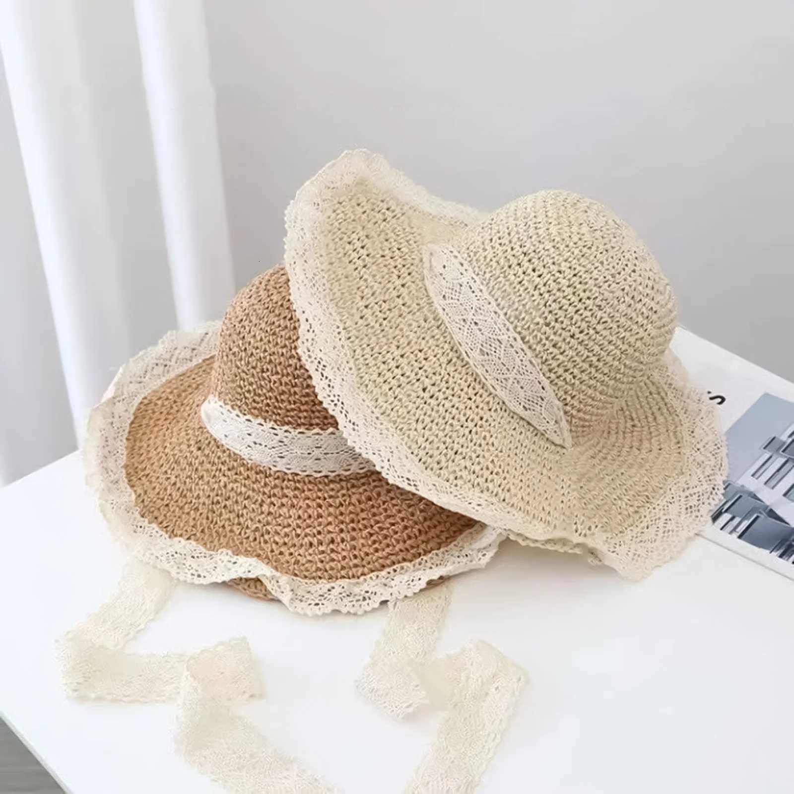 Women Summer Hat Lace Trimmed Tie-up Openwork Straw Hat Wide Brim For Sun Protections Beach Fashion Foldable Summer Accessory H260317