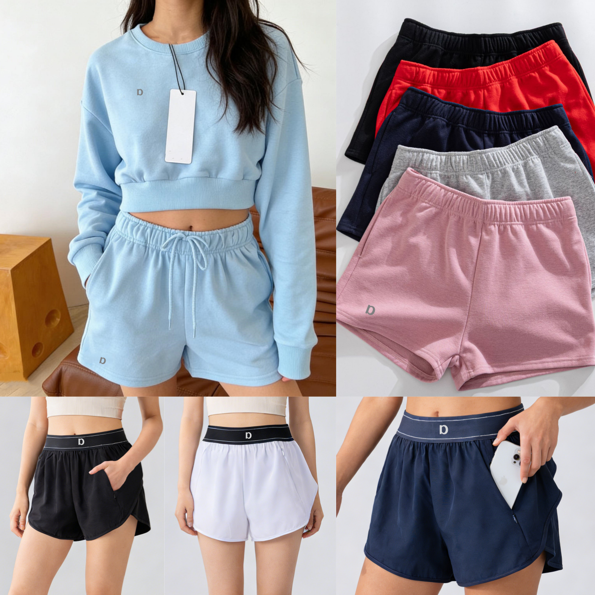 OA Ensembles de yoga de luxe pour femmes Sweat-shirts courts + shorts Pull à col rond Survêtement court actif Week-end Jogger Sportswear avec Chr