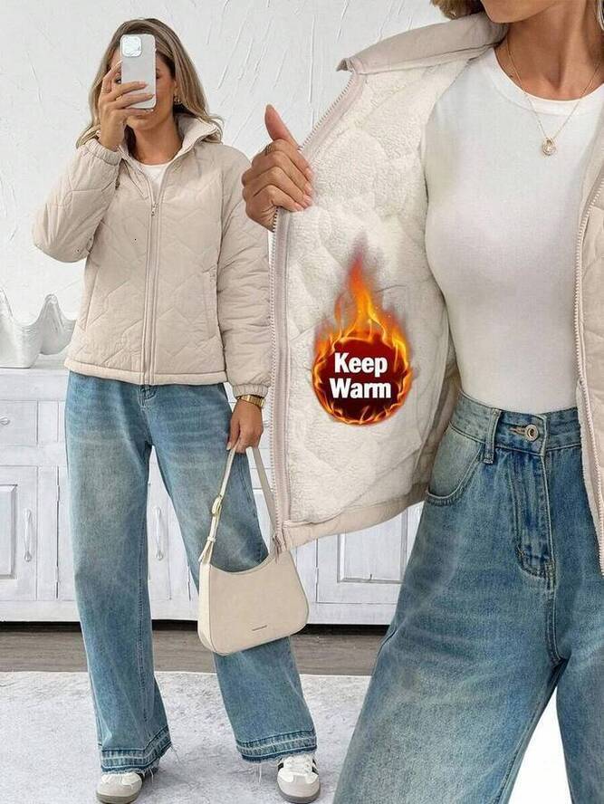 SHEIN LUNE Thermal Long Sleeve Pocket Padded Zip Up Lightweight Coat Women's Casual Work Outfits Fallv Women,Cozy Fall And Winter For Quilted J