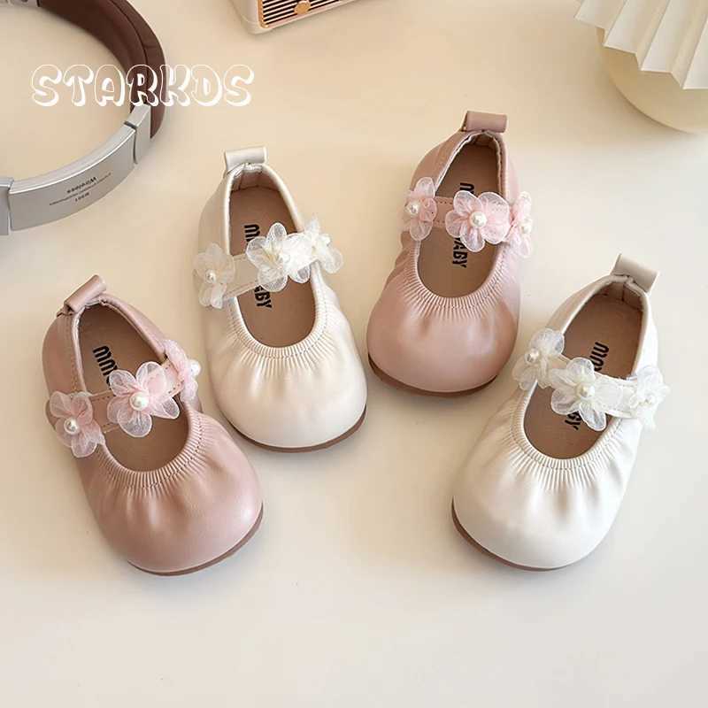 Chaussures de ballerine en cuir souple pour bébés filles, bout rond mignon en dentelle fleur déco Mary Janes enfants en bas âge élastique plat ma