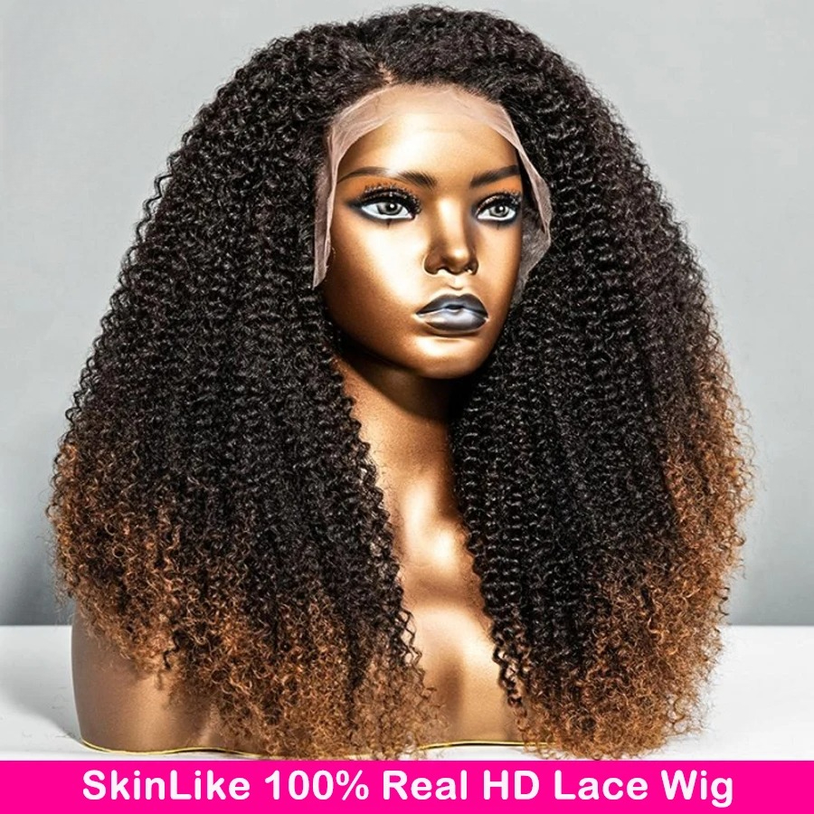 Black Ombre Brown Kinky Curly Human Hair Wigs 13x6 HD Lace Frontal Wig Glueless Pre Plucked With Baby Hair Wear And Go For Black Women 41$