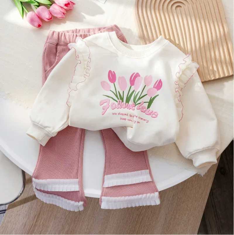 Automne Enfants Filles Vêtements Ensemble Enfant Fleur Imprimer Sweats Pull Blanc Haut Pantalon Costume Bébé À Manches Longues Doux SurvêtementsT