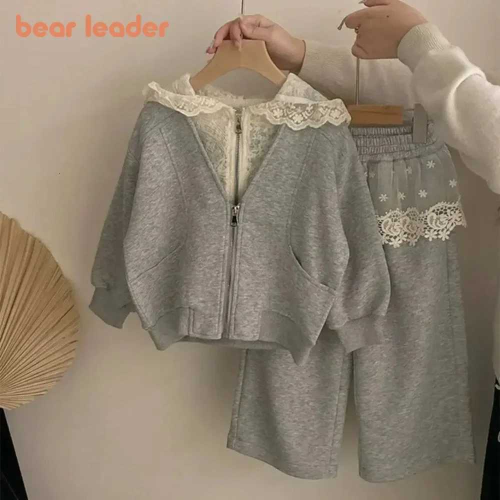 Bear Leader Korean style Grey Casual Sports Girls Clothing Autumn Long Sleeved Lace Patchwork HoodiePants Fashion Two-piece SetT260316-image-1097848485