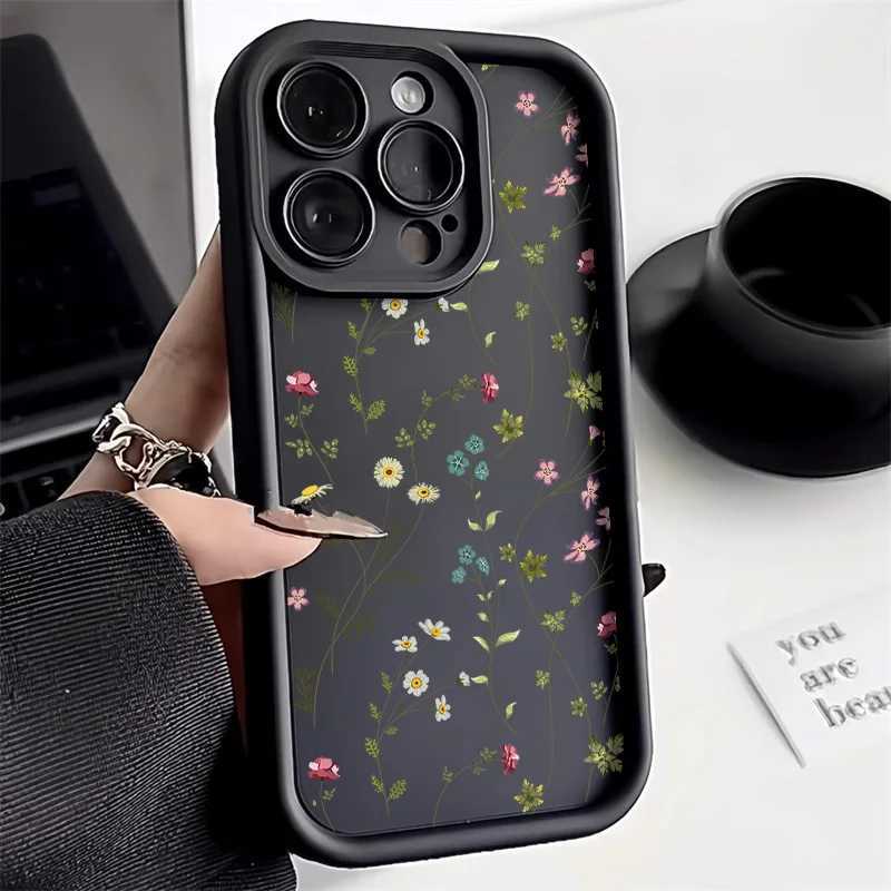 Flower Black Silicone Phone Case For iPhone 13 Case iPhone 15 Pro Max 14 12 16 11 Shockproof Candy Soft Cover H260317-image-1097934561