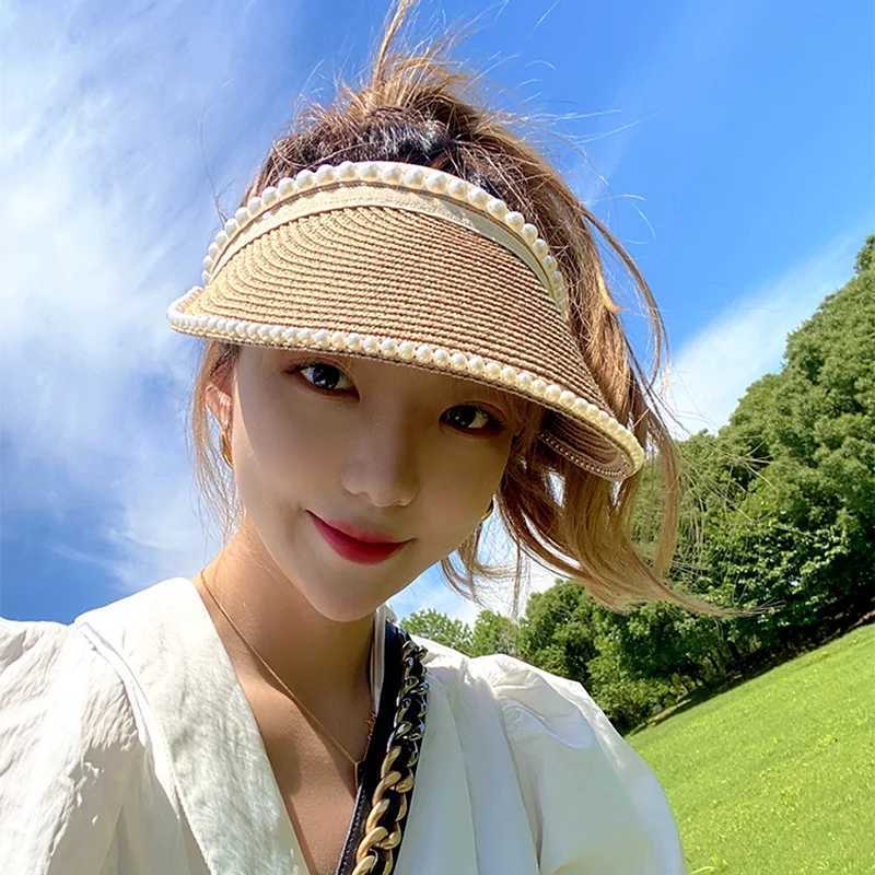 Y2K Womens Visor Beach Hat Packable Straw Caps Summer Empty Top Hats with Decoration Pearl Beach Outdoor H260317