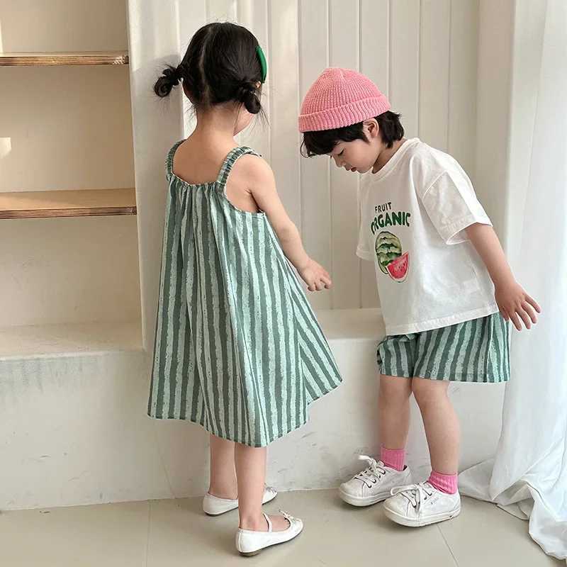 2pcs Boy Suit Cute Girls Suspenders Dress Siblings Outfit Childrens Summer Clothes Set Boys Pure Cotton Striped Tee and ShortsT260316-image-1097846629