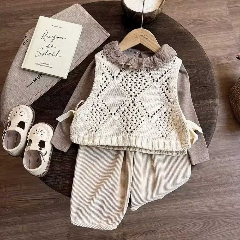Autumn and Winter Girls Casual Suit Long Sleeved Base Shirthollowed Out Patterned Vestpants Three Piece Set Korean VersionT260316