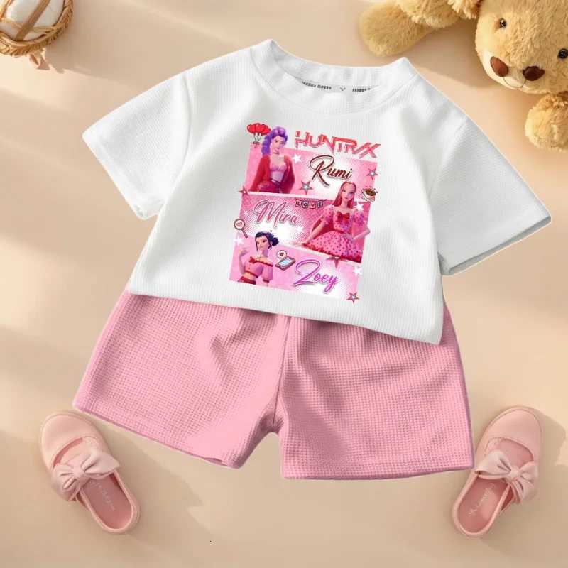 Filles d'été Casual T-shirt Ensembles K POP Dessin Animé Imprimé Enfants Mode Tenues Adolescent Enfants O Cou À Manches Courtes Hauts Shorts 2pcs