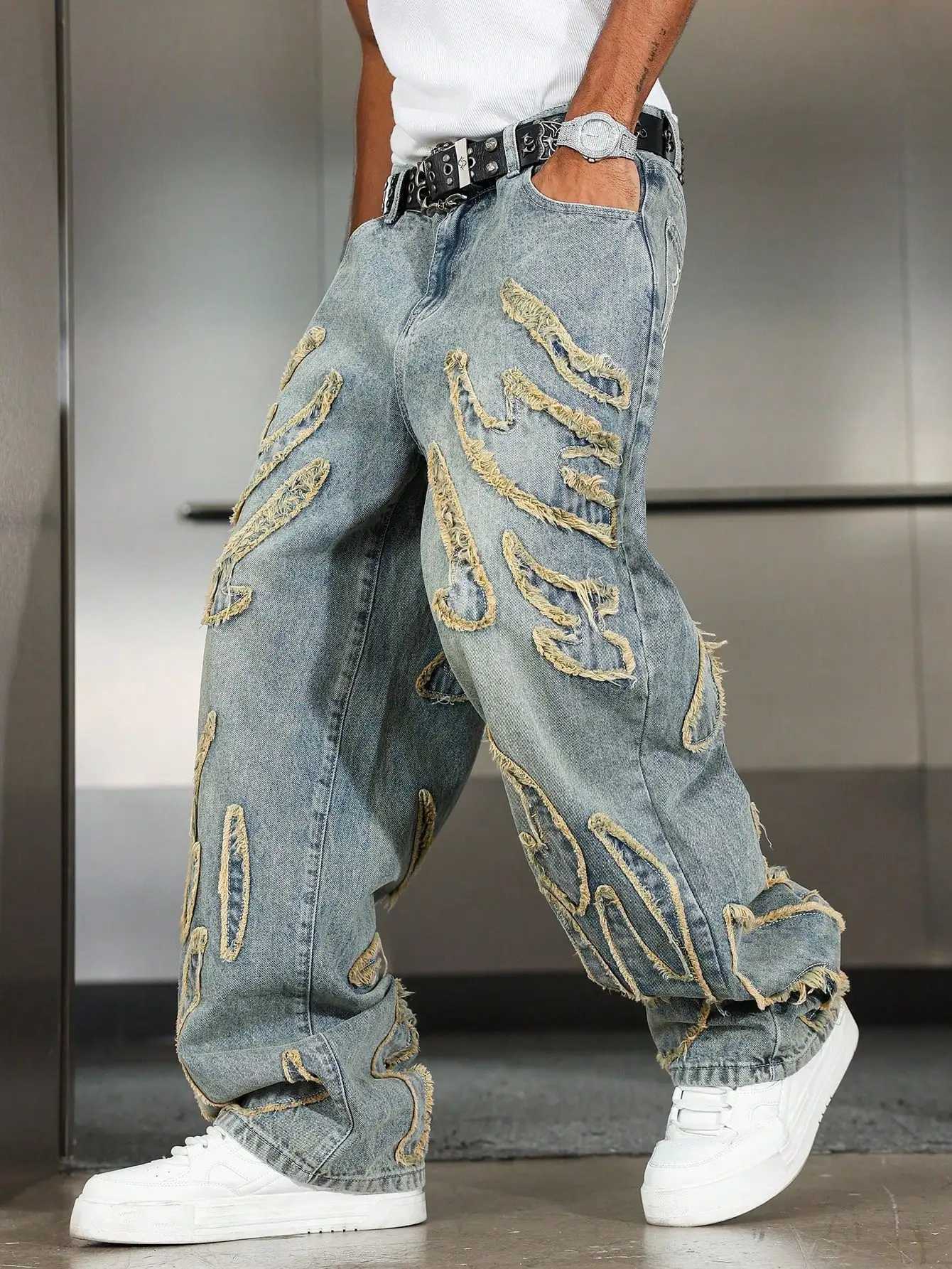 Mens Street Style Casual Patchwork Embroidered Frayed Hem Macau Blue Denim Jeans Trendy Loose Fit Straight Leg PantsT260316