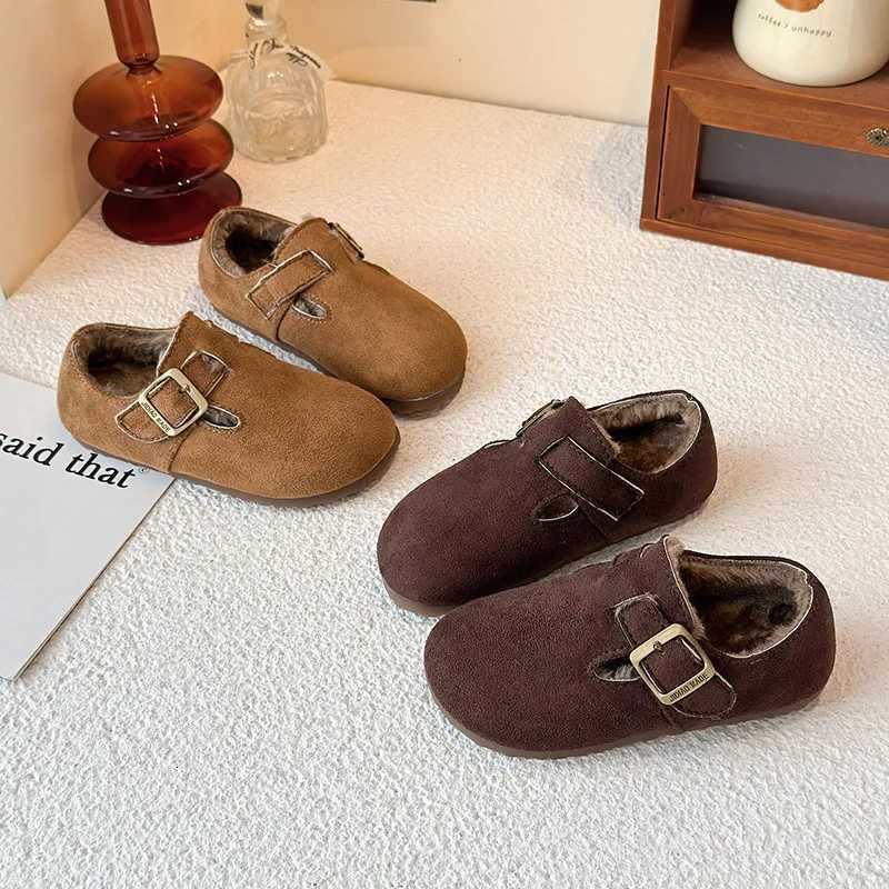 2025 Autumn Winter Girls Fur Shoes Kids Soft PU Leather Sneakers Flat Loafers T-strap Shoes For GirlT260314