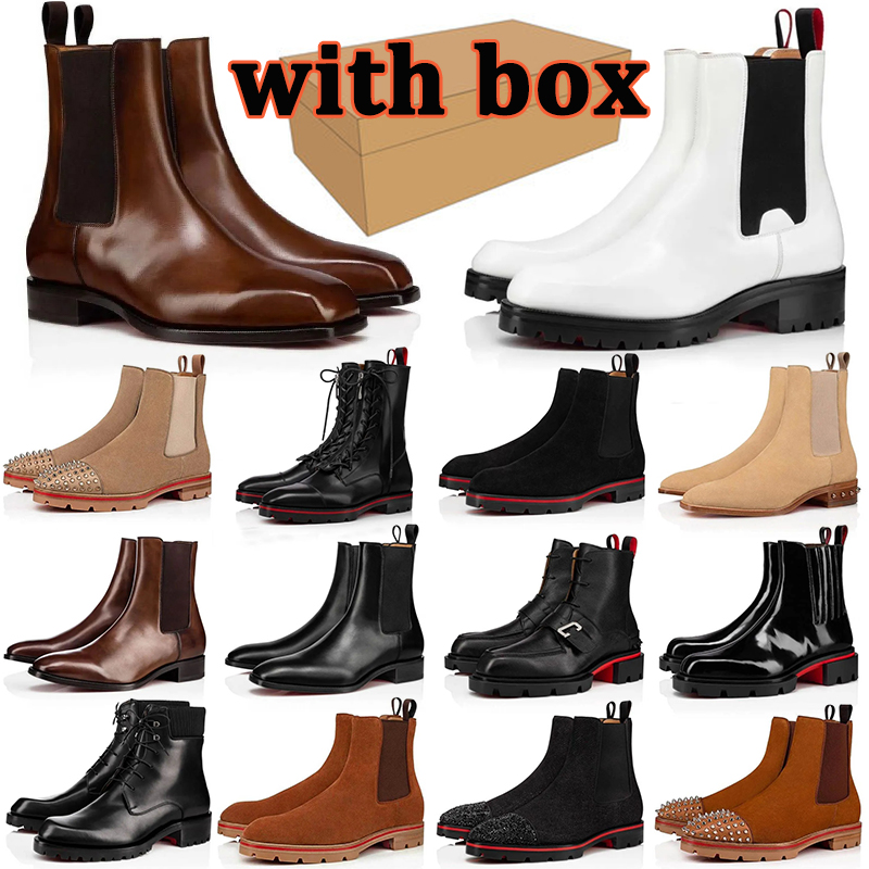 With box designer boots for men classic leather suede black brown booties patent leather rivets outdoor mens shoes versatile boot