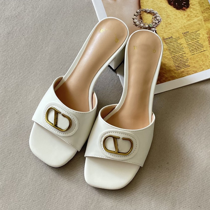Brand Designer Luxury Women's Square Toe Block Heel Slide Sandals with Gold Metal Buckle, Open Toe Leather Mules, Elegant High Heel Slippers fo