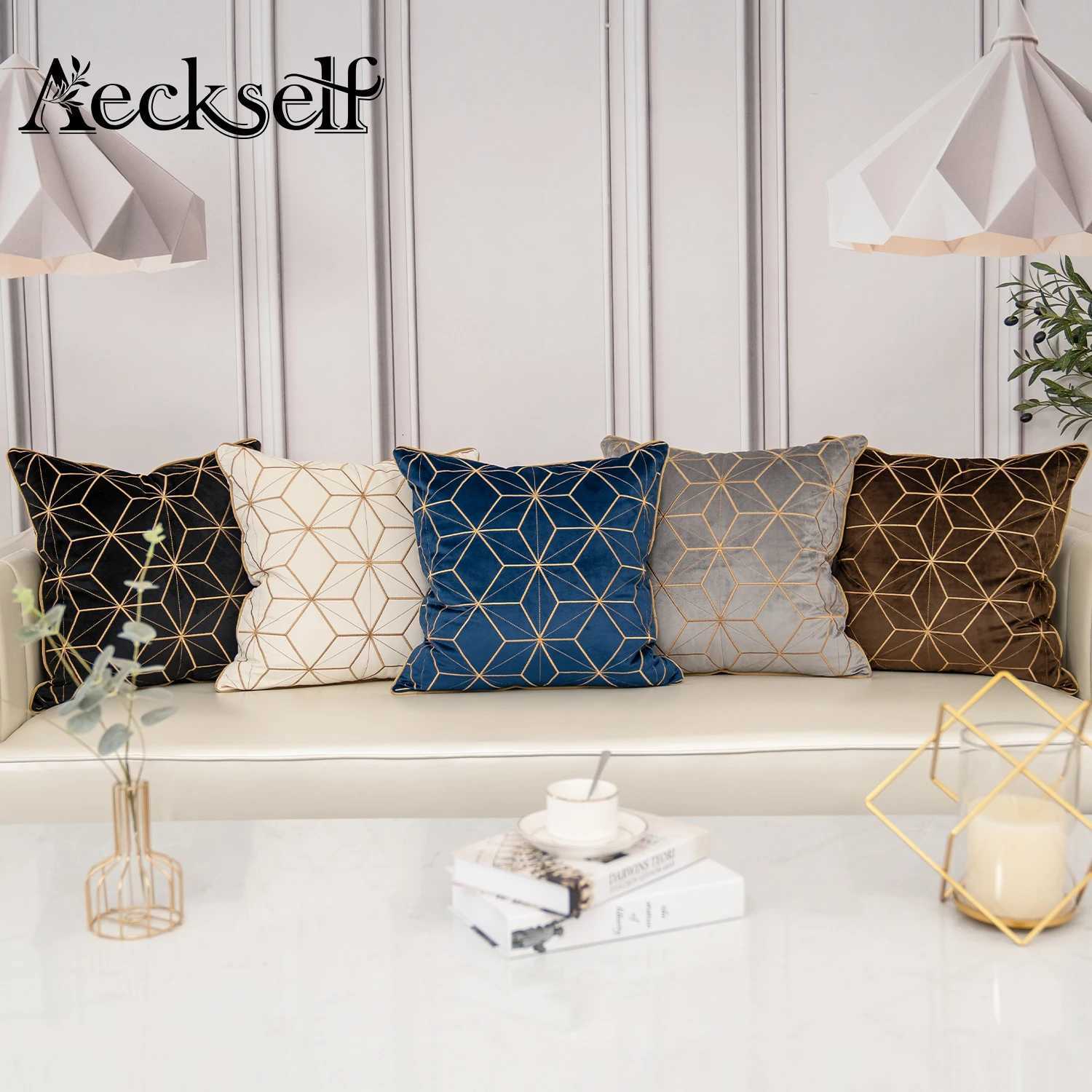 pillowcase Aeckself Luxury Geometric Plaid Embroidery Velvet Cushion Cover Home Decor Navy Blue Gold Gray Black White Throw Case C260314-image-1097935031