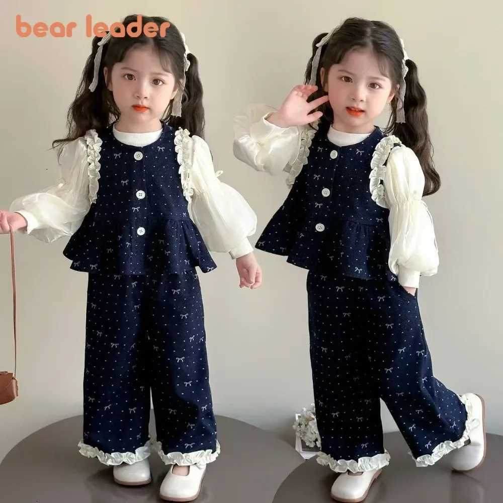 Bear Leader Childrens Clothing Autumn Imitation Denim Ruffle Girls Clothes Bow Printed VestLong Sleeved ShirtPants 3 Pcs SetT260316-image-1097846456