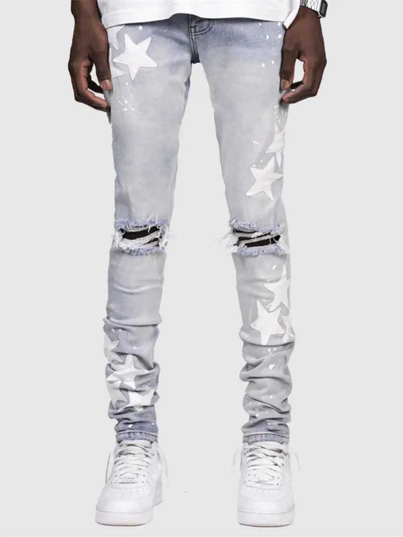 Vintage Star Print Stretch Punk Style Ripped Jeans Mens Streetwear Fashion Pocket Male Youth Daily Casual Denim Pencil PantsT260316