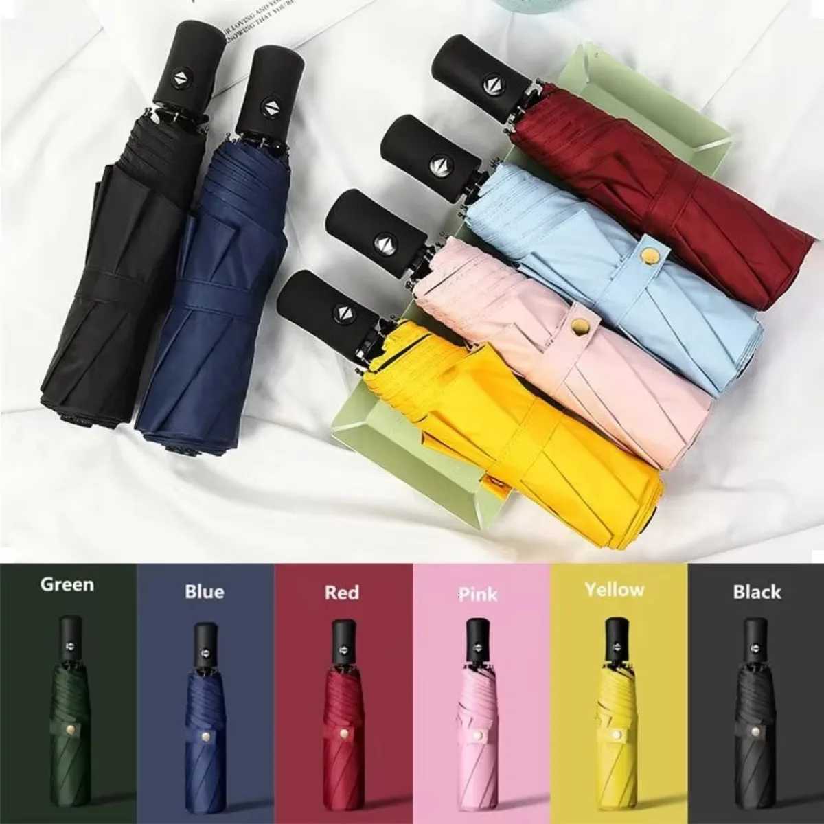 Automatic Triple-Fold Umbrella Windproof Rain Sun Umbrella Solid Color Compact Business Travel Umbrella H260318-image-1098061113