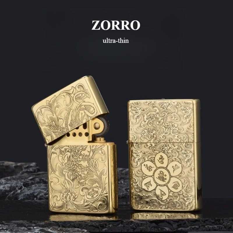 Brass Ultra Thin Double sided Carved Windproof Kerosine Lighter Vintage Grinding Wheel Ignition Unusual Lighters Smoking C260318-image-1098071947