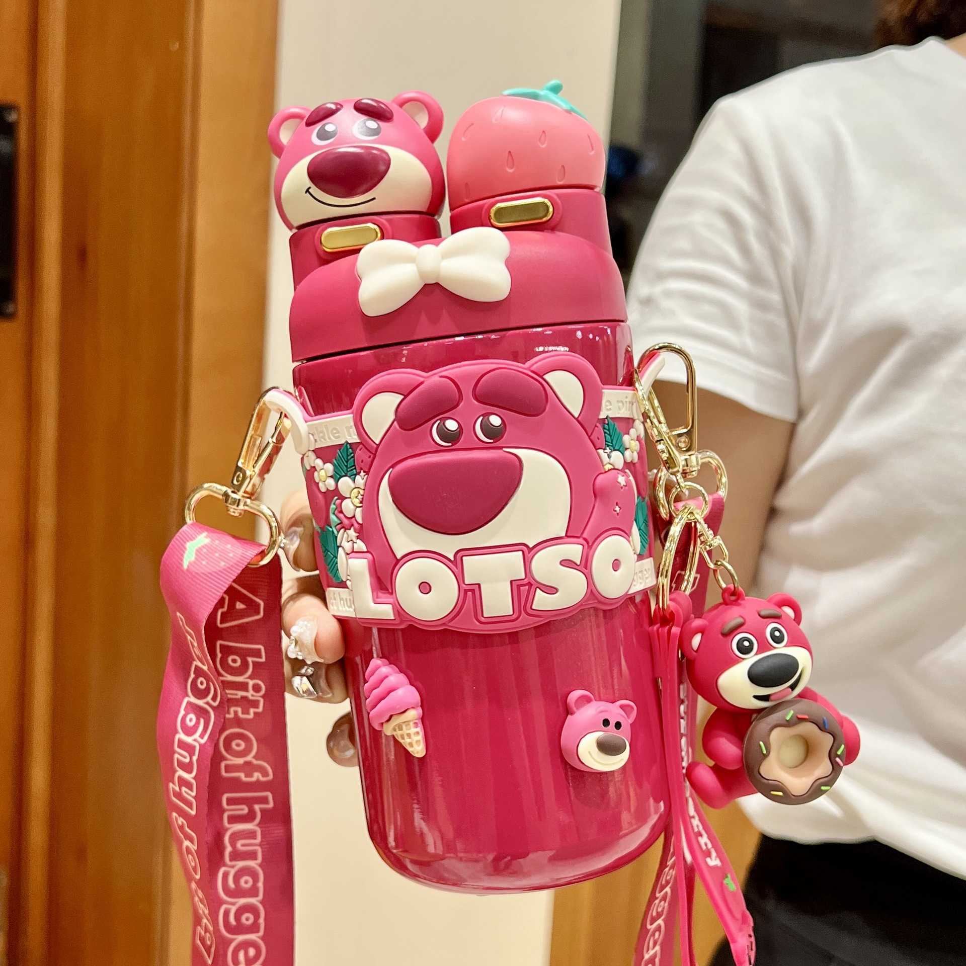 Strawberry Bear Childrens Insulated Water Bottle for Girls Food Grade 316 Straw Water Bottle Specially Designed for Elementary School Students Du-image-1098050816