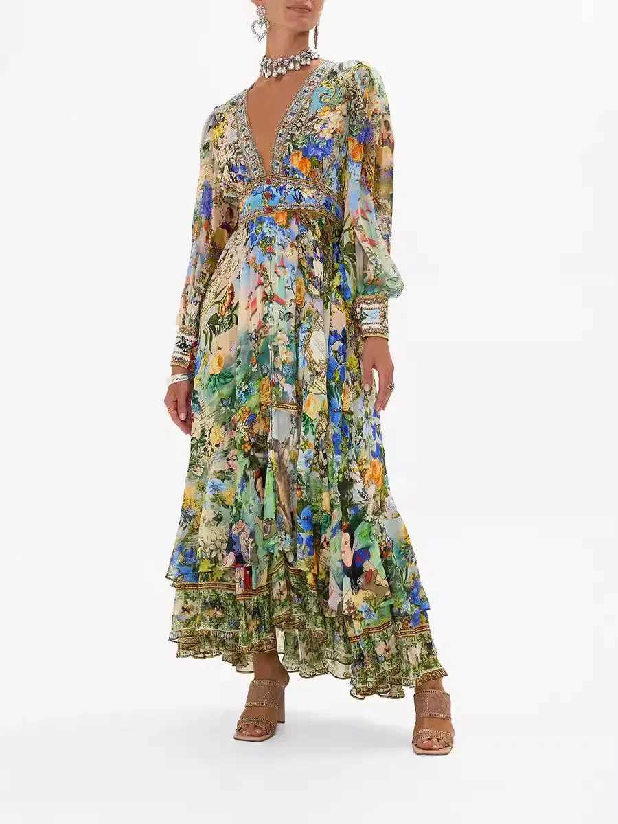 European And American Arrival Hot Sale PrintingVCollar Long Sleeved Bubble Sleeve Waist Tied Summer New Womens Clothes
