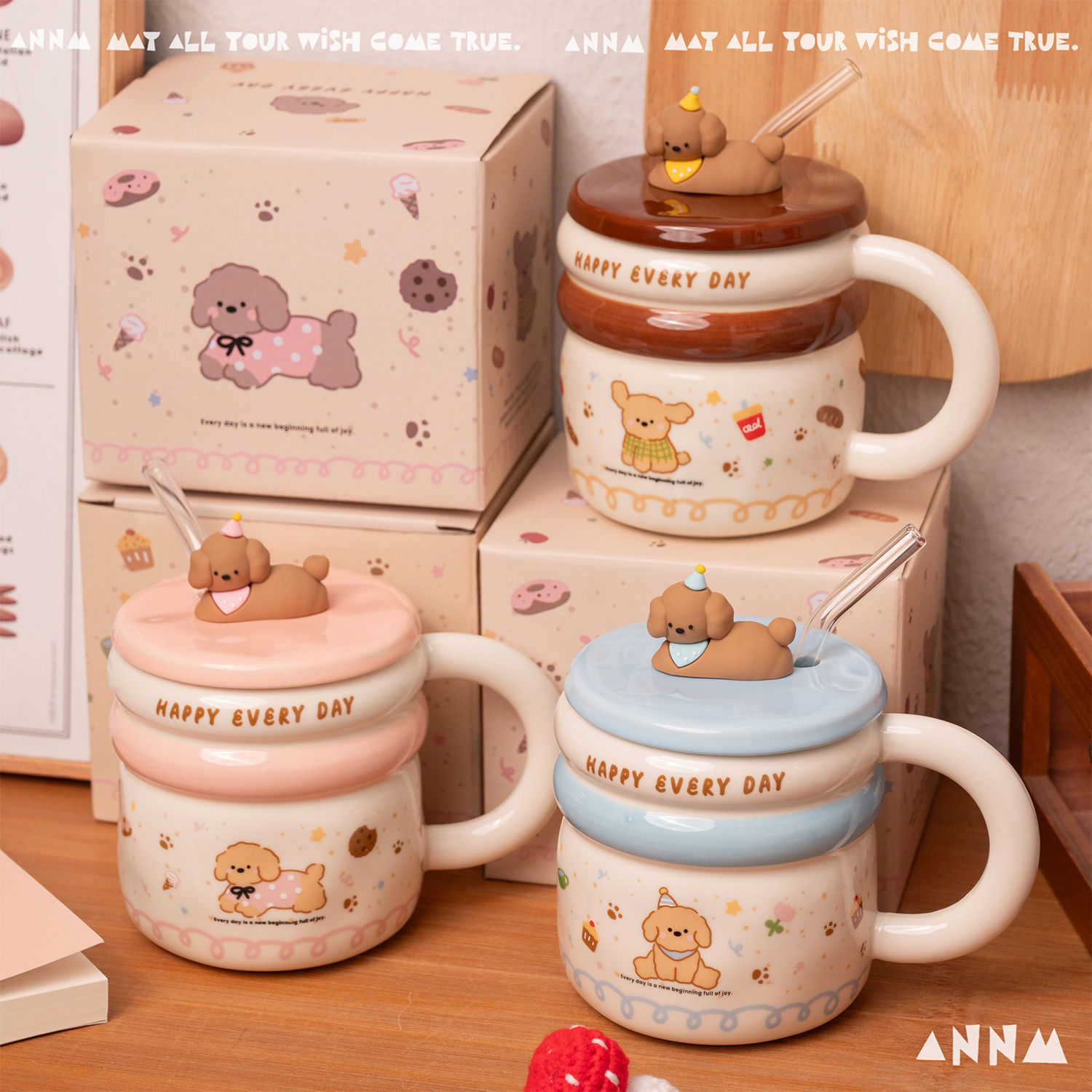 Cute Puppy Straw Cup Ceramic Mug with Lid Water Cup for Girls High-Value Home Cup Drinking Gift L251212PIED-image-1098047517