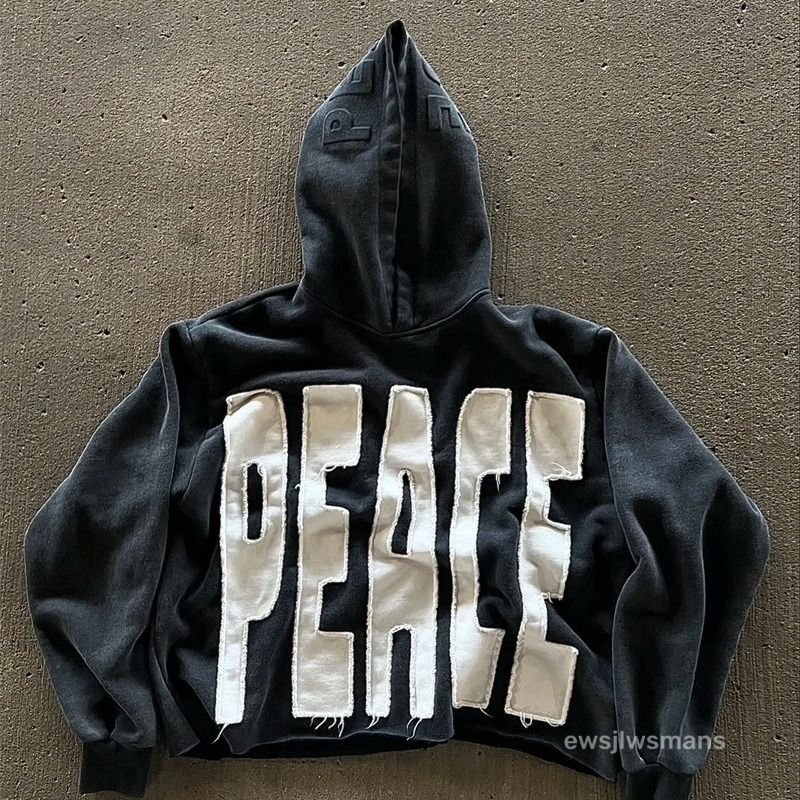 Men's Hoodies Sweatshirts High Street Peace Retro Letter Patch For Men And Women Y2K Harajuku Hip Hop Gothic Casual Joker Clothing Daily Outfit