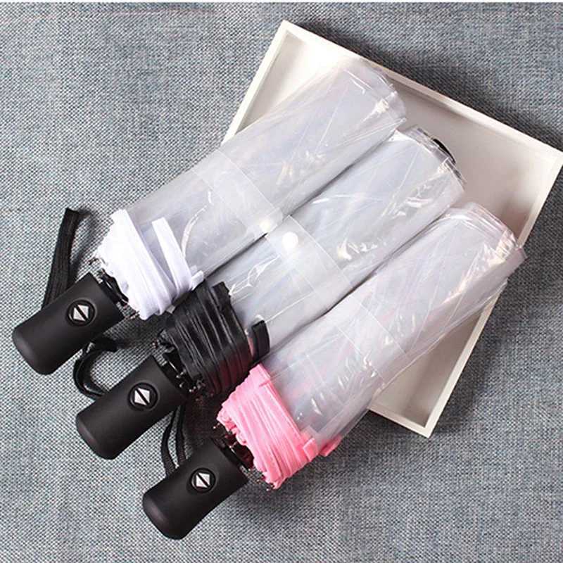 Student minimalist transparent folding umbrella fully automatic transparent three-fold umbrella windproof and rainproof H260318-image-1098061112