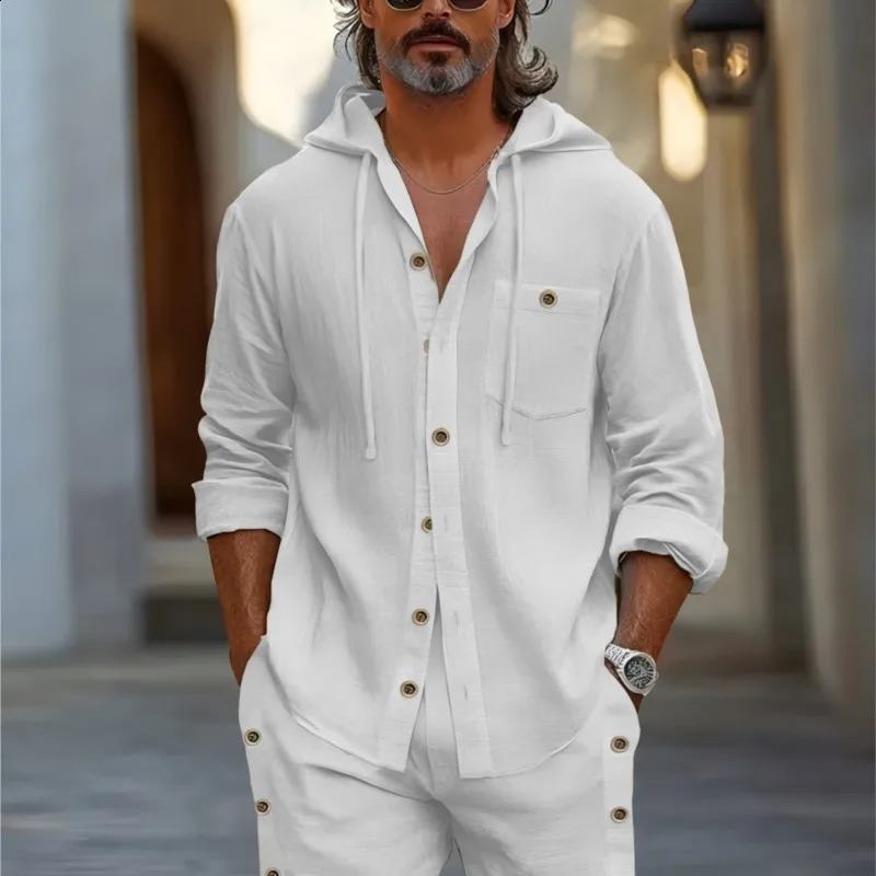 Hawaii Cotton Linen Suit Summer Mens Hooded Solid color Casual Long sleeved Shirt and Shorts 2-Piece Set 2606