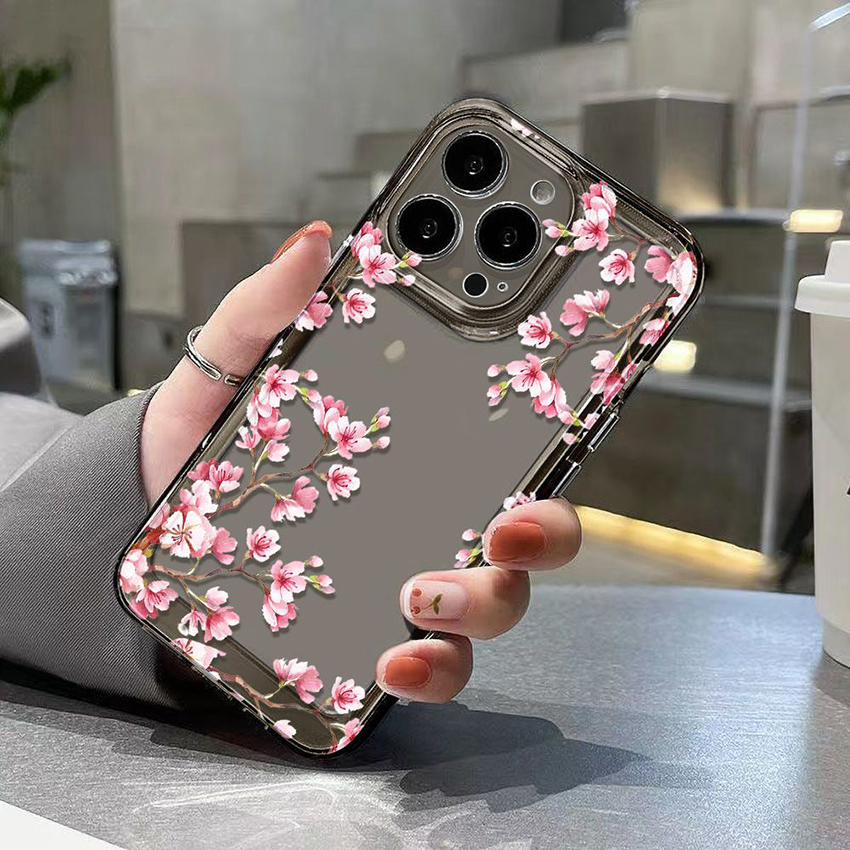 Coque de téléphone rose en fleurs de cerisier pour Iphone 16 15 14 13 Pro 12 11 Max Plus 16Pro Transparent 16Promax Phone Case 15Promax Full Wrap