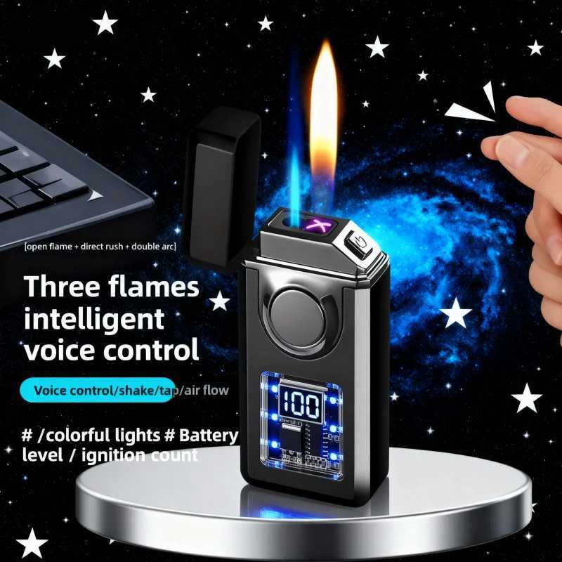 2026 New Creative Three Flame Voice Controlled Ignition Butane Gas Lighter Color Light Digital Battery Display Electric Lighters C260318-image-1098071153