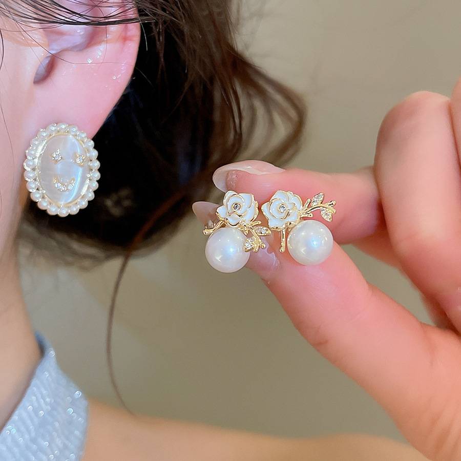 18k real gold plated silver needle zircon flower pearl vintage court style earrings, versatile everyday earrings for women-image-1097984367