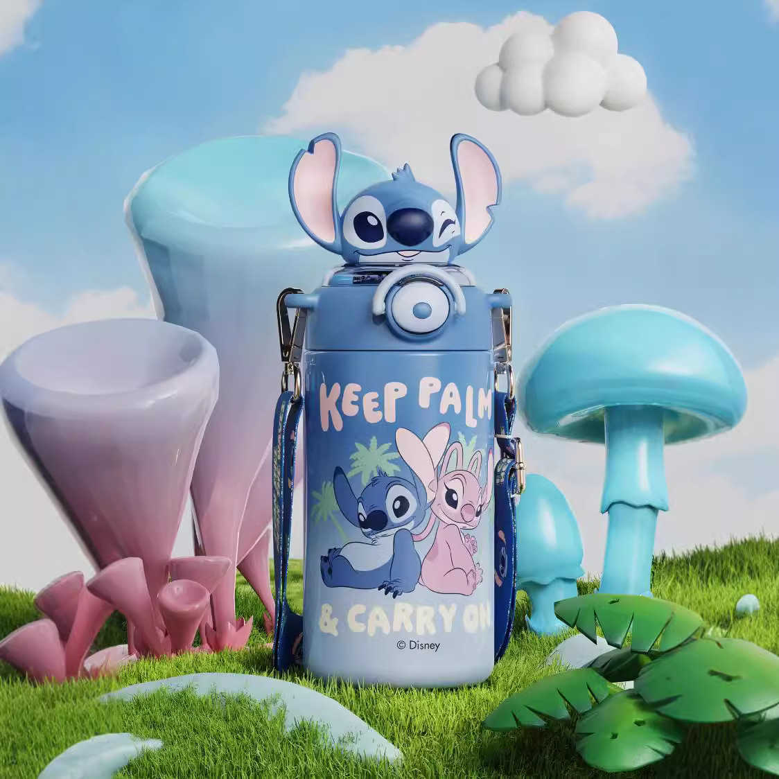 Stitch Childrens Insulated Cup Cartoon Portable Stainless Steel Water Bottle Student Cute Strap Water Cup Straw Bouncing Cup L251212KC1Q-image-1098050506